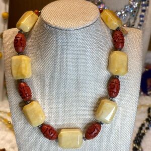 Vintage Jade and Cinnabar on Sterling Silver 16” Necklace.  EUC